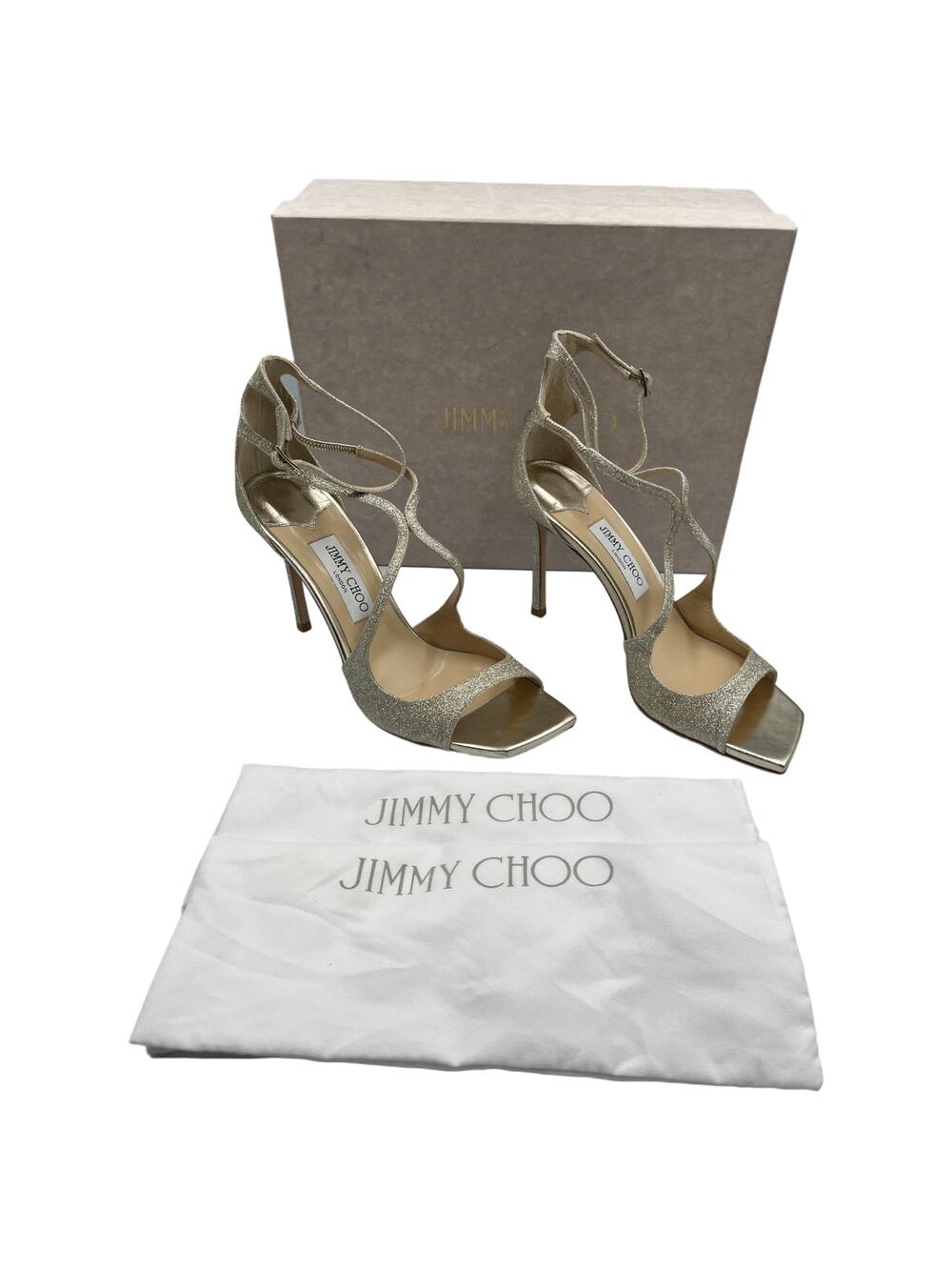 Jimmy Choo Azia 95 Ankle Strap Glitter Heels Sandals Platinum Ice Size 40 US 10